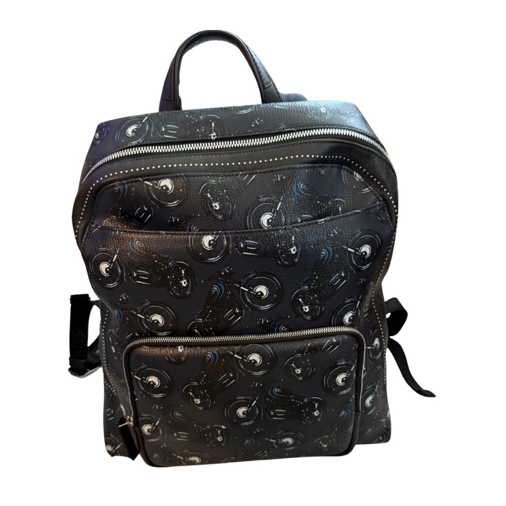 Ferragamo Unisex Limited Edition Motorcycle Graphic Black Leather Backpack